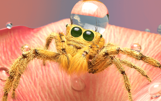 Animated golden spider resting on pink flower petal