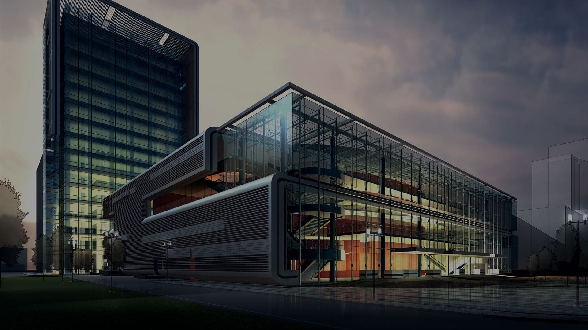 architectural building and surrounding landscaping