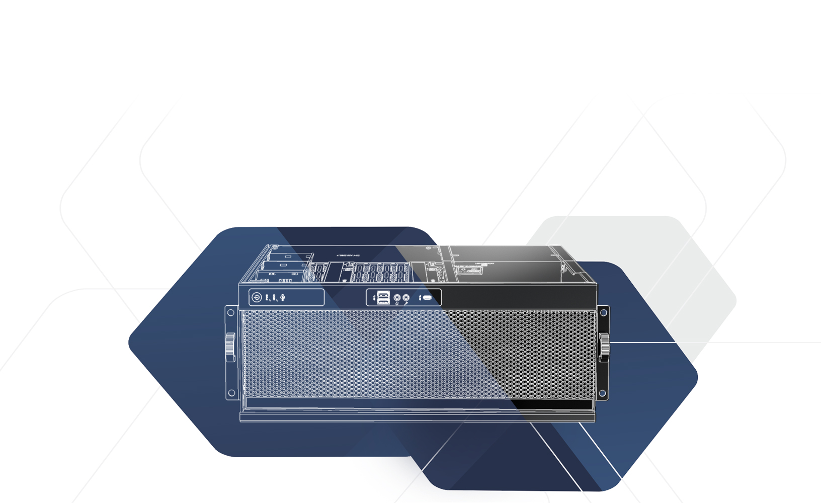 A system that is half blueprinted renderings and half final product on top of a blue monochrome panelled background