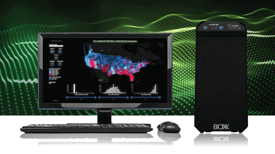 Data Science Workstation APEXX 3 system sitting on a desk with a monitor, keyboard, and mouse